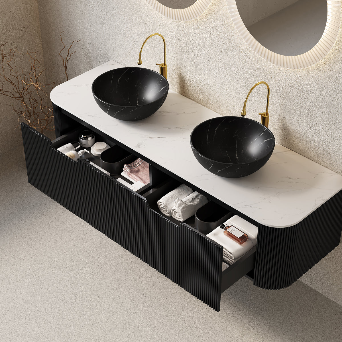 Dexmalle 60" Bathroom Vanity&Sinks, Floating Curved Edges Striped Storage Cabinet with 2 Drawers