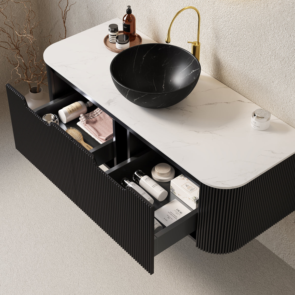 Dexmalle 48" Bathroom Vanity&Sink, Floating Curved Edges Striped Plywood Storage Cabinet with 2 Drawers, Matte Stone Black Bowl Ceramic Basin