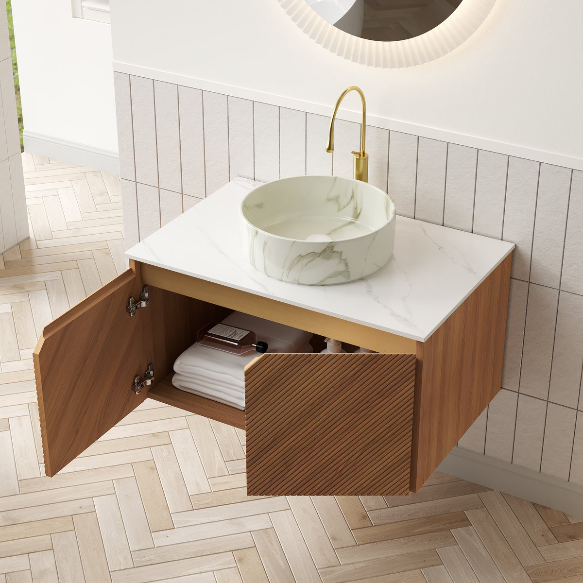 Dexmalle 30" Bathroom Vanity&Sink, Floating Plywood Storage Cabinet, Twill Double Doors with Metal Trim, Matte Stone Pattern