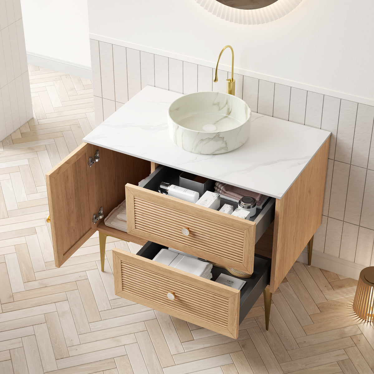 Dexmalle 36" Bathroom Vanity with Sink, Freestanding Plywood Storage Cabinet with 4 Metal Legs, Door and 2 Drawers