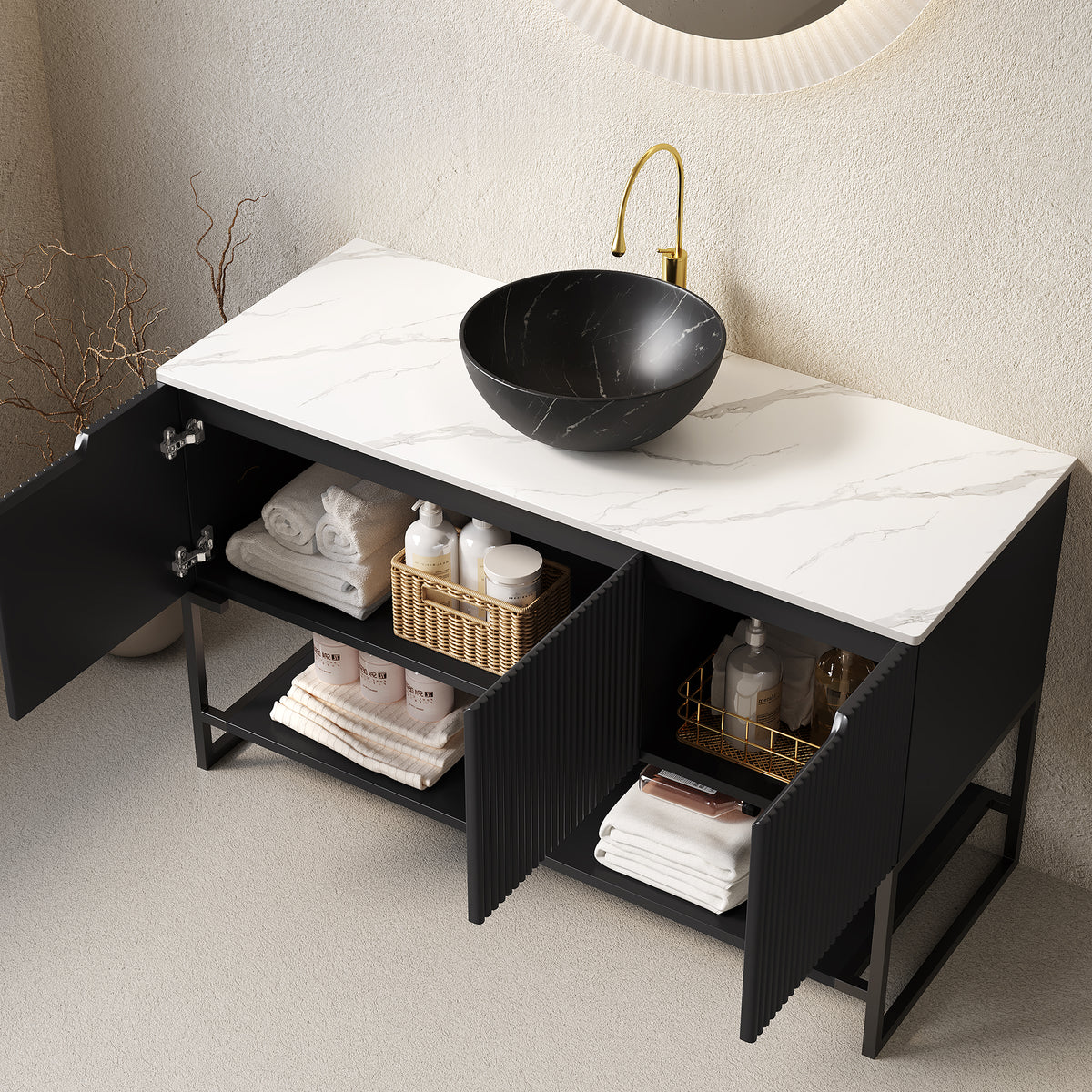 Dexmalle 48" Bathroom Vanity&Sink, Freestanding Bathroom Storage Cabinet with 3 Doors&Open Shelf