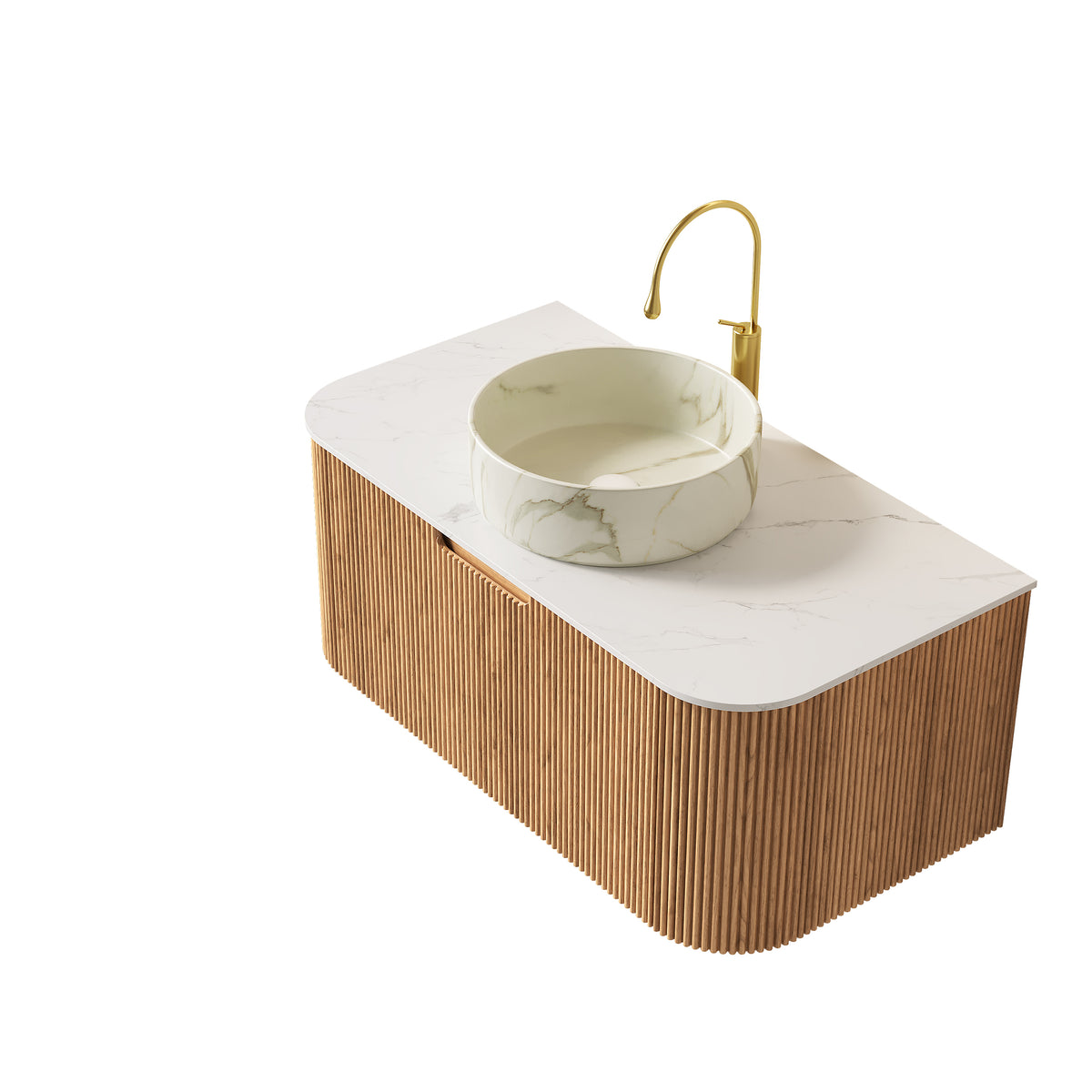 Dexmalle 36" Bathroom Vanity&Sink, Floating Curved Edges Striped Storage Cabinet with Drawer, Matte Stone White Round Ceramic Basin&Carrara White Sintered Stone Top