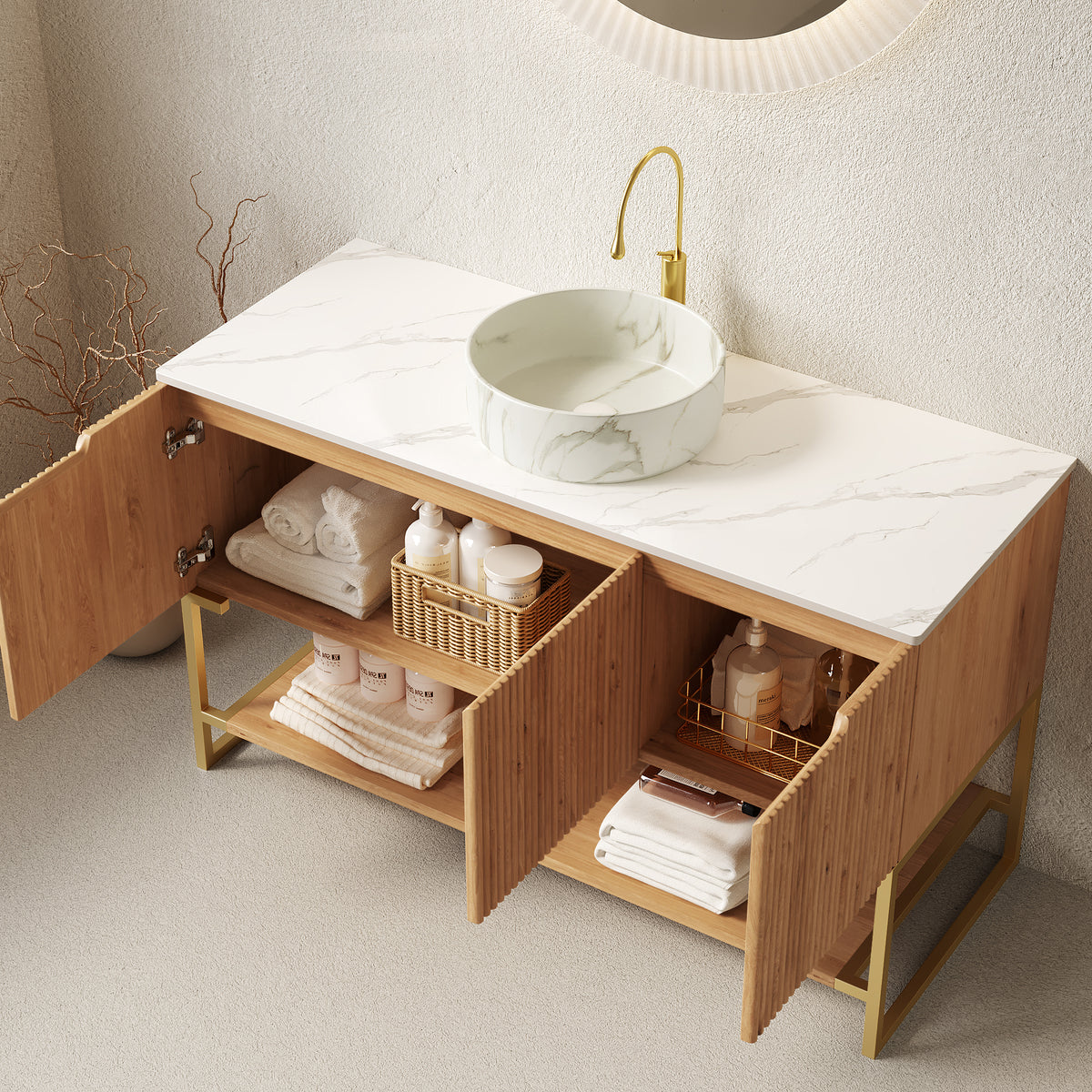 Dexmalle 48" Bathroom Vanity&Sink, Freestanding Storage Cabinet with 3 Doors&Open Shelf