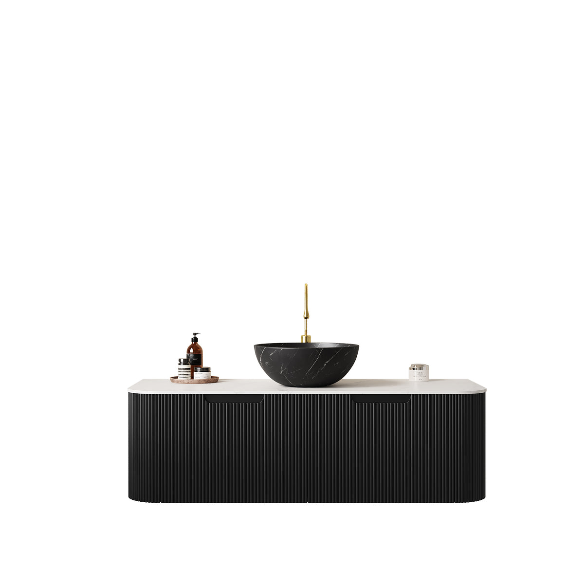 Dexmalle 48" Bathroom Vanity&Sink, Floating Curved Edges Striped Plywood Storage Cabinet with 2 Drawers, Matte Stone Black Bowl Ceramic Basin