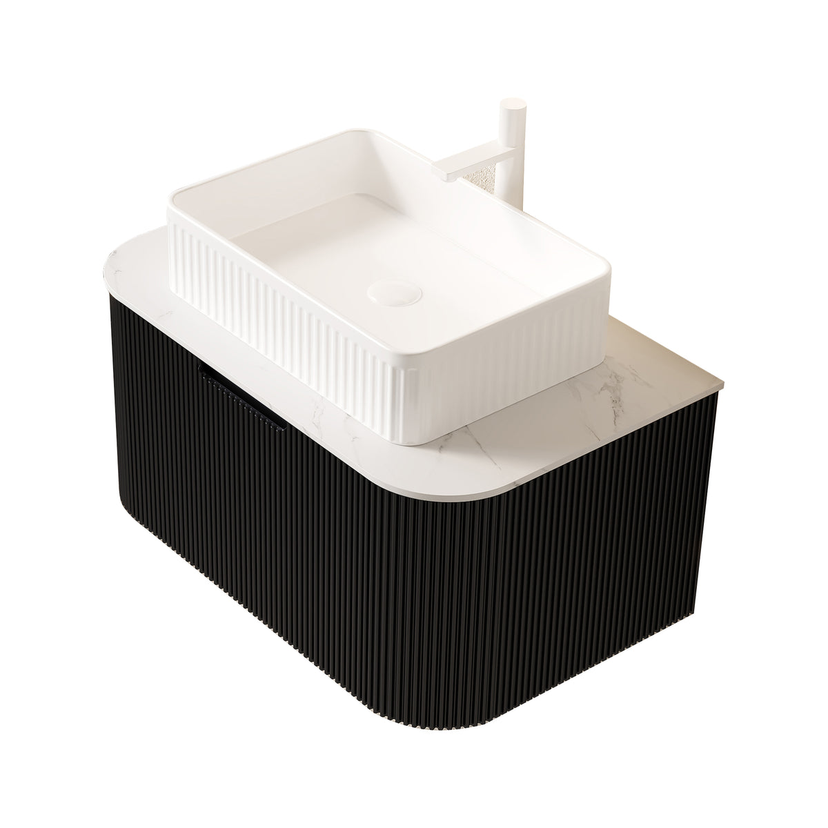 Dexmalle 30" Bathroom Vanity&Sink, Floating Curved Edges Striped Plywood Storage Cabinet with Drawer, White Rectangular Ceramic Basin