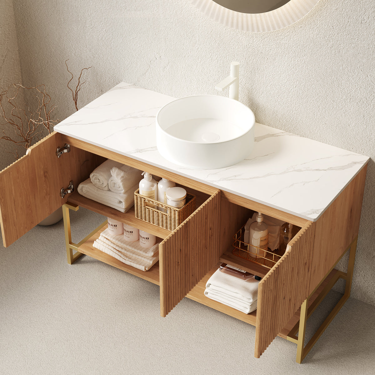 Dexmalle 48" Bathroom Vanity&Sink, Freestanding Storage Cabinet with 3 Doors&Open Shelf