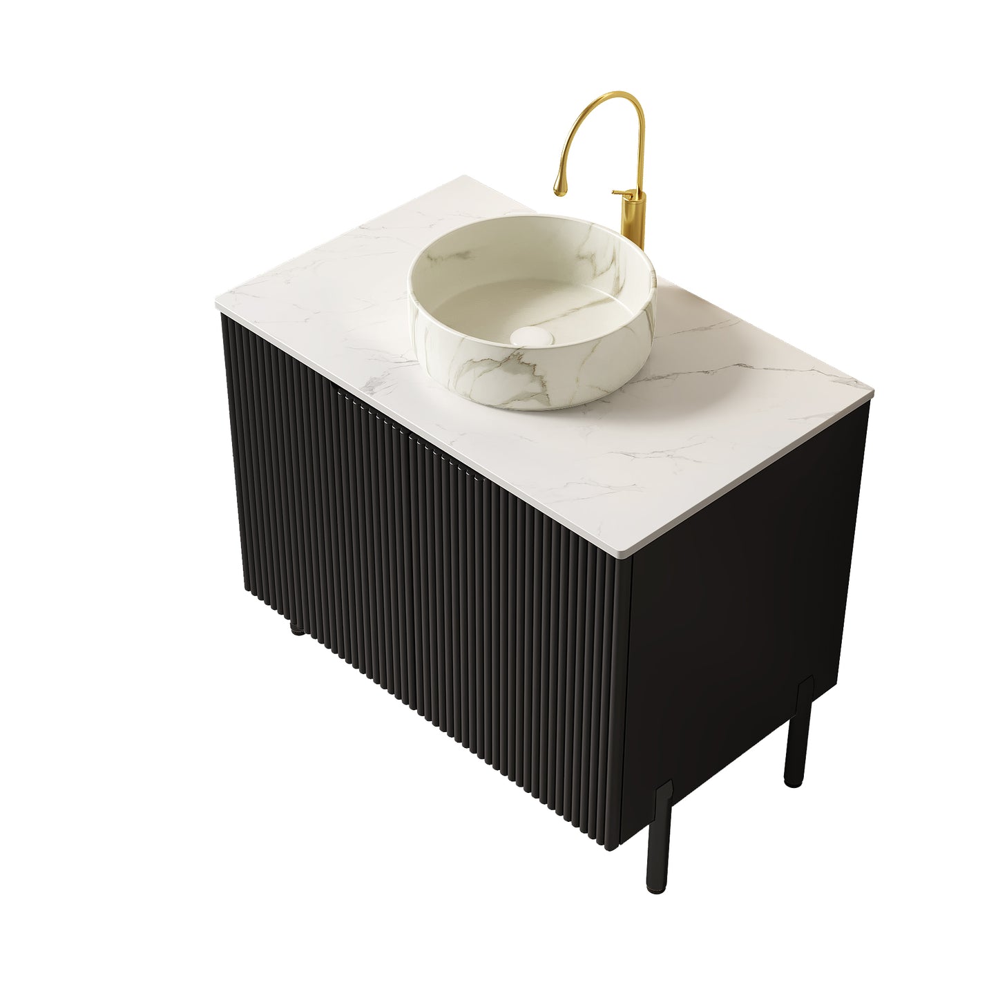 Dexmalle 30-in Black Freestanding Bathroom Vanity with Sintered Stone Top and Black Round Vessel Sink