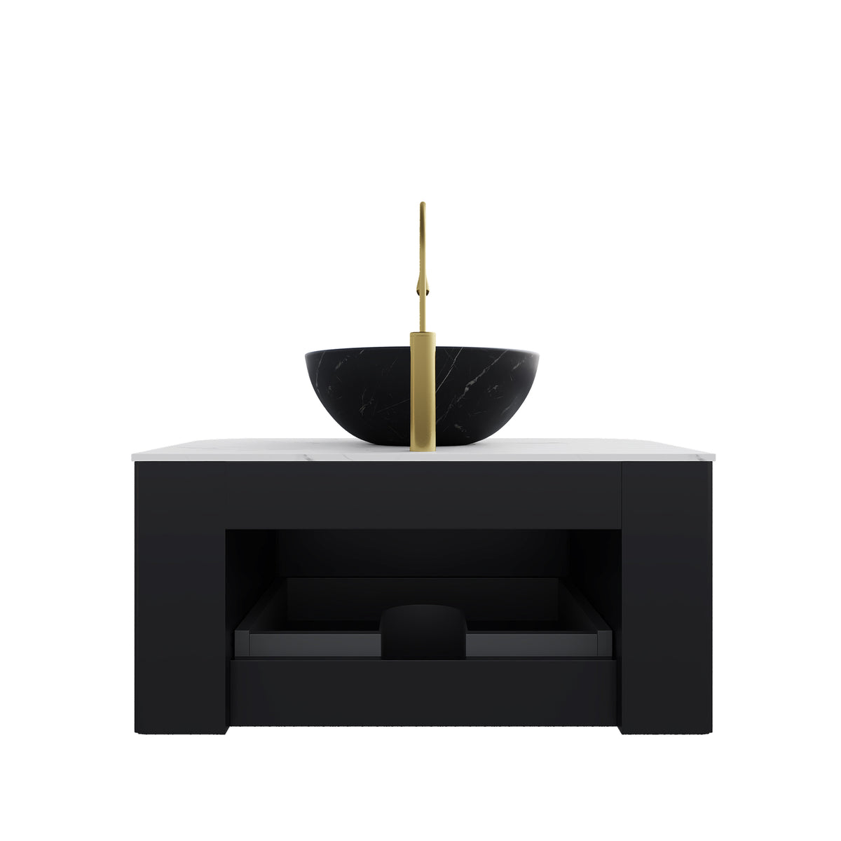 Dexmalle 30" Bathroom Vanity&Sink, Floating Curved Edges Striped Storage Cabinet with Drawer, Matte Stone Black Bowl Ceramic Basin