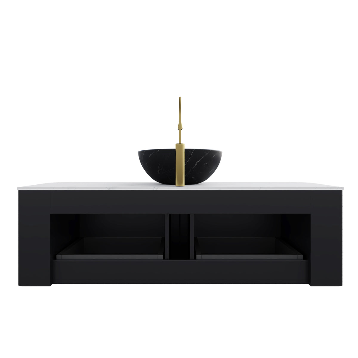Dexmalle 48" Bathroom Vanity&Sink, Floating Curved Edges Striped Plywood Storage Cabinet with 2 Drawers, Matte Stone Black Bowl Ceramic Basin