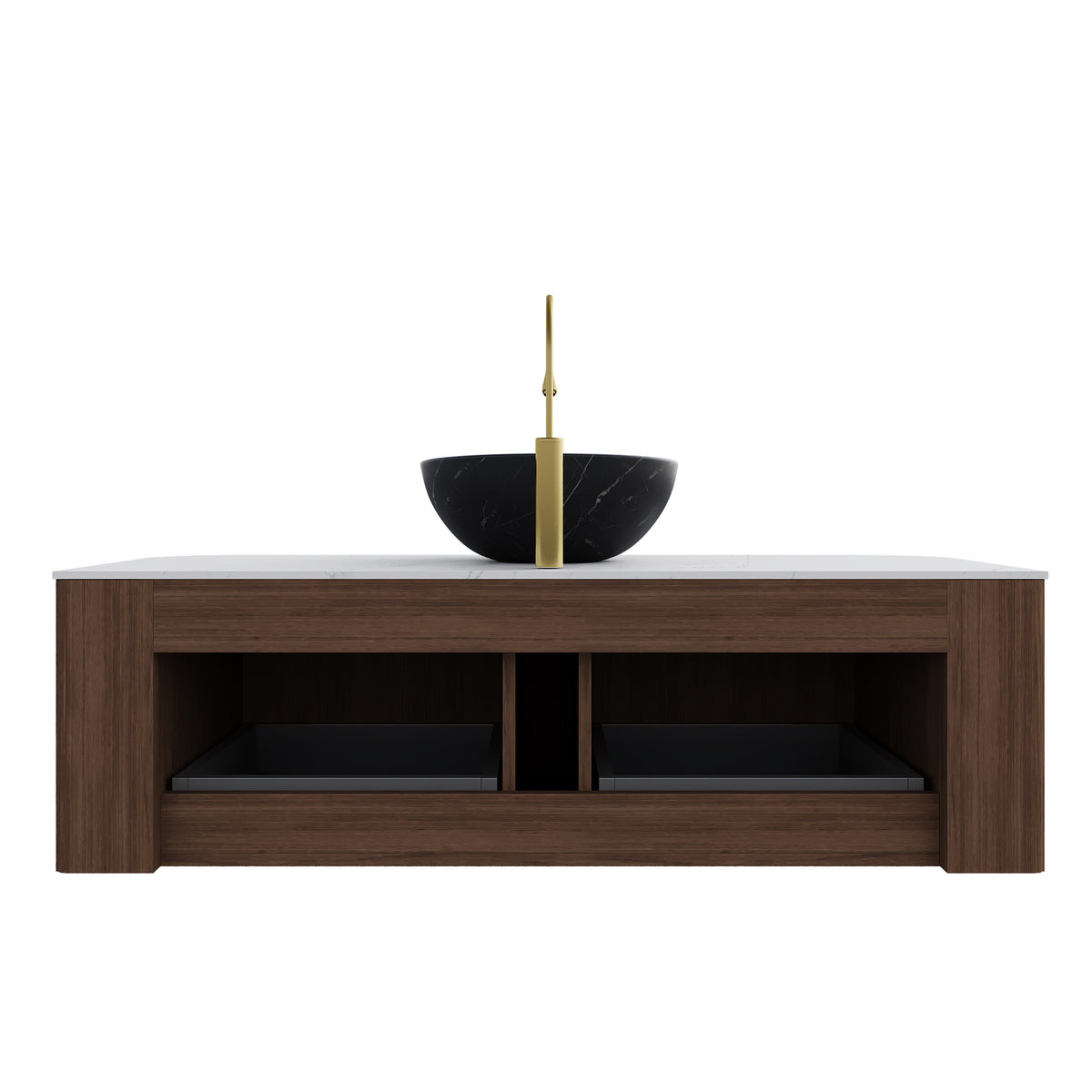 Dexmalle 48" Bathroom Vanity&Sink, Floating Curved Edges Striped Storage Cabinet with 2 Drawers, Stone Black Bowl Ceramic Basin