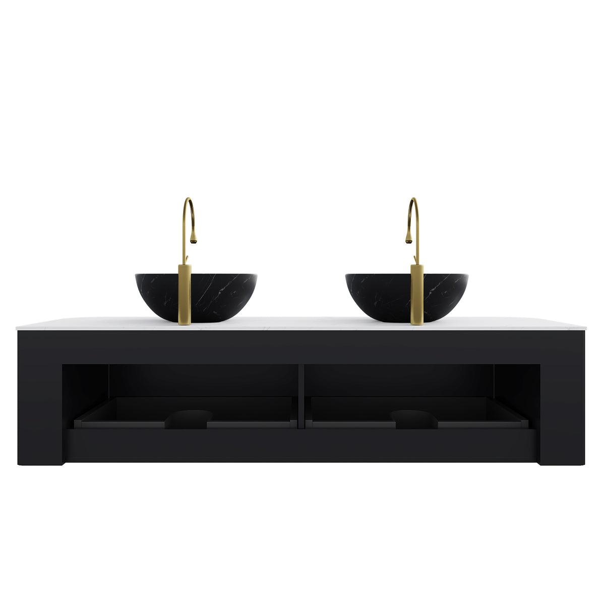 Dexmalle 60" Bathroom Vanity&Sinks, Floating Curved Edges Striped Storage Cabinet with 2 Drawers