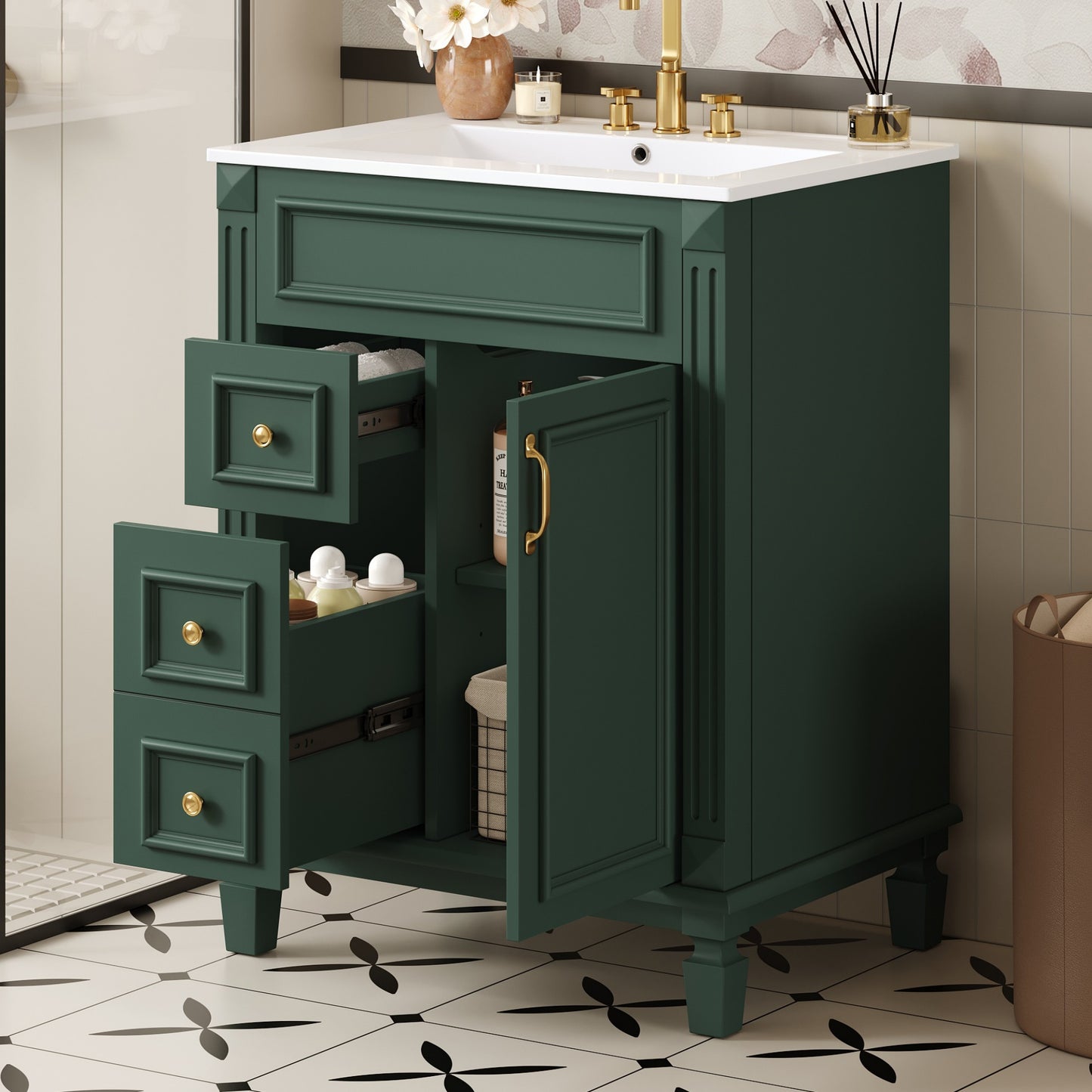 Dexmalle 24-in Green Modern Freestanding Single Sink Bathroom Vanity With Whtie Top and Two Drawers