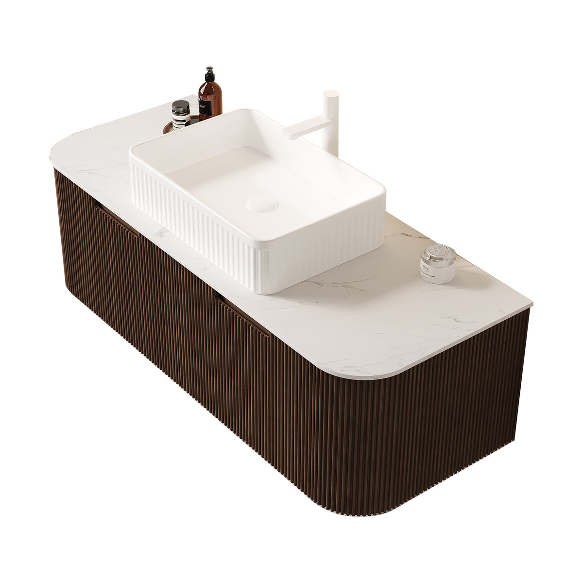 Dexmalle 48" Bathroom Vanity&Sink, Floating Curved Edges Stripe Storage Cabinet with 2 Drawers, White Rectangular Ceramic Basin