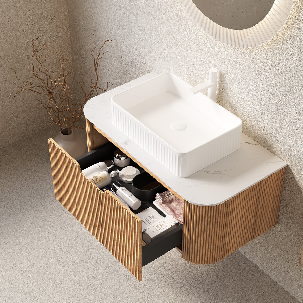 Dexmalle 36" Bathroom Vanity&Sink, Floating Curved Edges Striped Storage Cabinet with Drawer,White Rectangular Ceramic Basin&Carrara White Sintered Stone Top