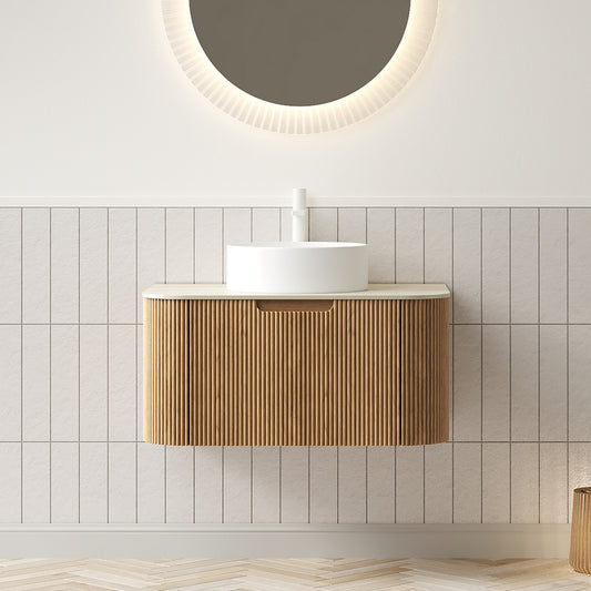 Dexmalle 30" Bathroom Vanity&Sink, Floating Curved Edge Striped Plywood Storage Cabinet with Drawer, White Round Ceramic Basin