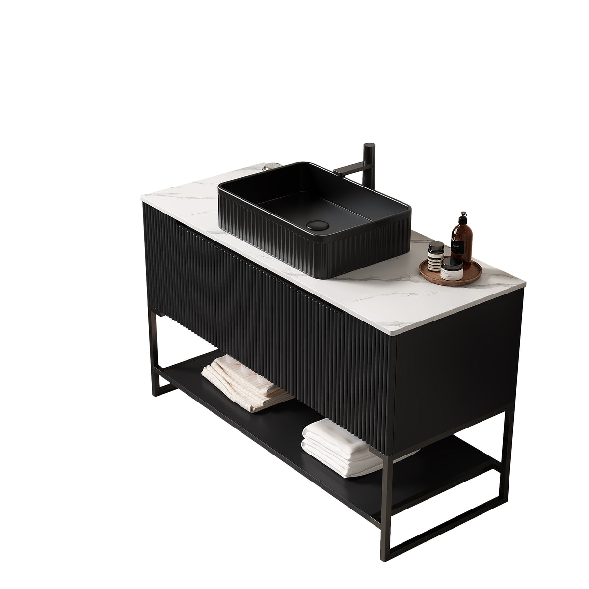 Dexmalle 48" Bathroom Vanity&Sink, Freestanding Bathroom Storage Cabinet with 3 Doors and Open Shelf, Black Rectangular Ceramic Basin