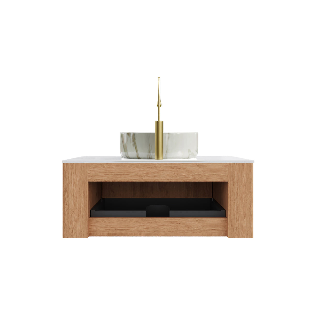 Dexmalle 36" Bathroom Vanity&Sink, Floating Curved Edges Striped Cabinet with Drawer, Round Ceramic Basin