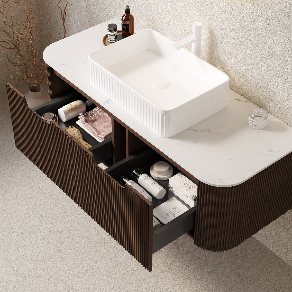 Dexmalle 48" Bathroom Vanity&Sink, Floating Curved Edges Stripe Storage Cabinet with 2 Drawers, White Rectangular Ceramic Basin