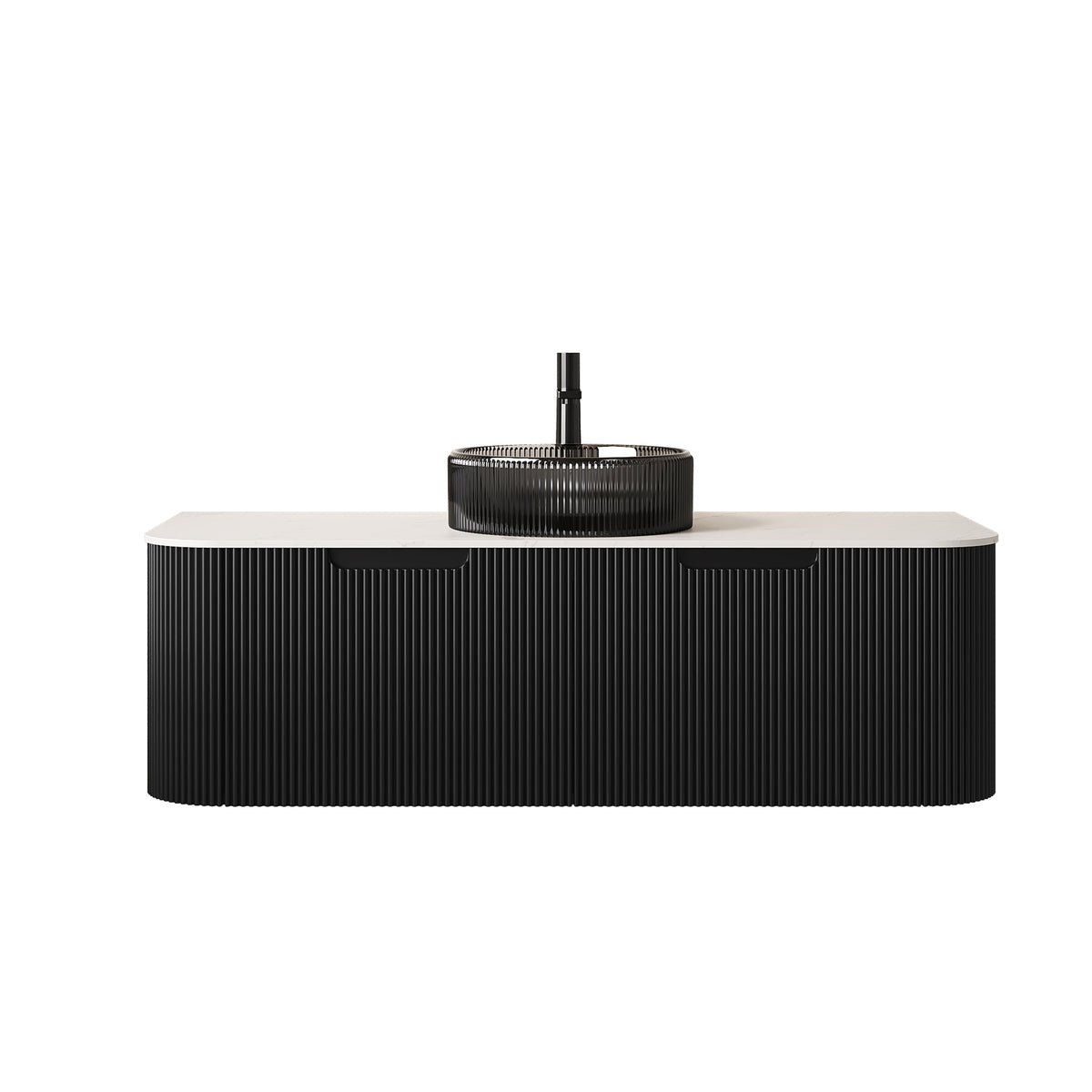 Dexmalle 48" Bathroom Vanity&Sink, Floating Curved Edges Striped Plywood Storage Cabinet with 2 Drawers, Transparent Black Round Glass Basin