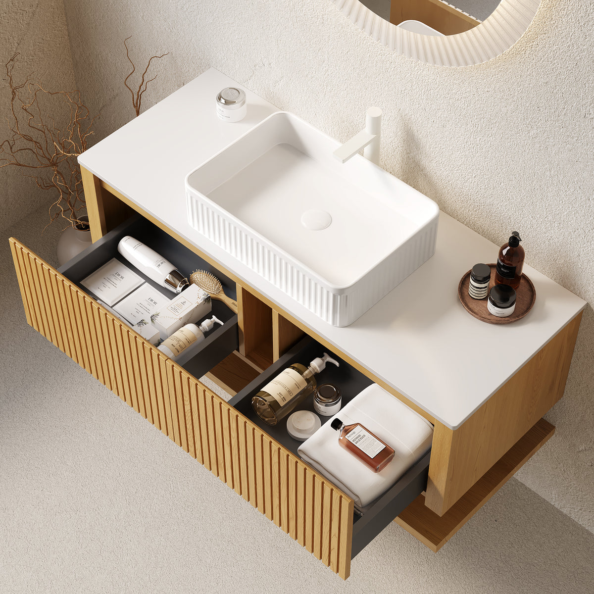 Dexmalle 48" Bathroom Vanity with Sink, Wall Mounted Plywood Bathroom Storage Cabinet with Drawers and Open Shelf, Sintered Stone Countertop and Ceramic Basin