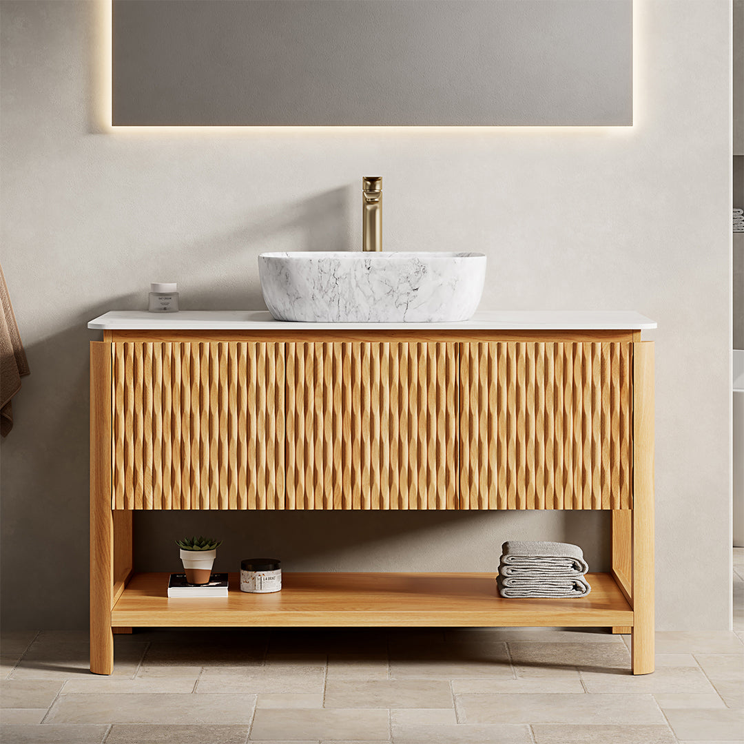 Dexmalle 48-in Natural Freestanding Single Sink Bathroom Vanity with White Sintered Stone Top and Vessel Sink