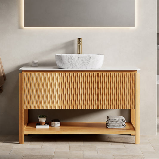 Dexmalle 48-in Natural Freestanding Single Sink Bathroom Vanity with White Sintered Stone Top and Vessel Sink