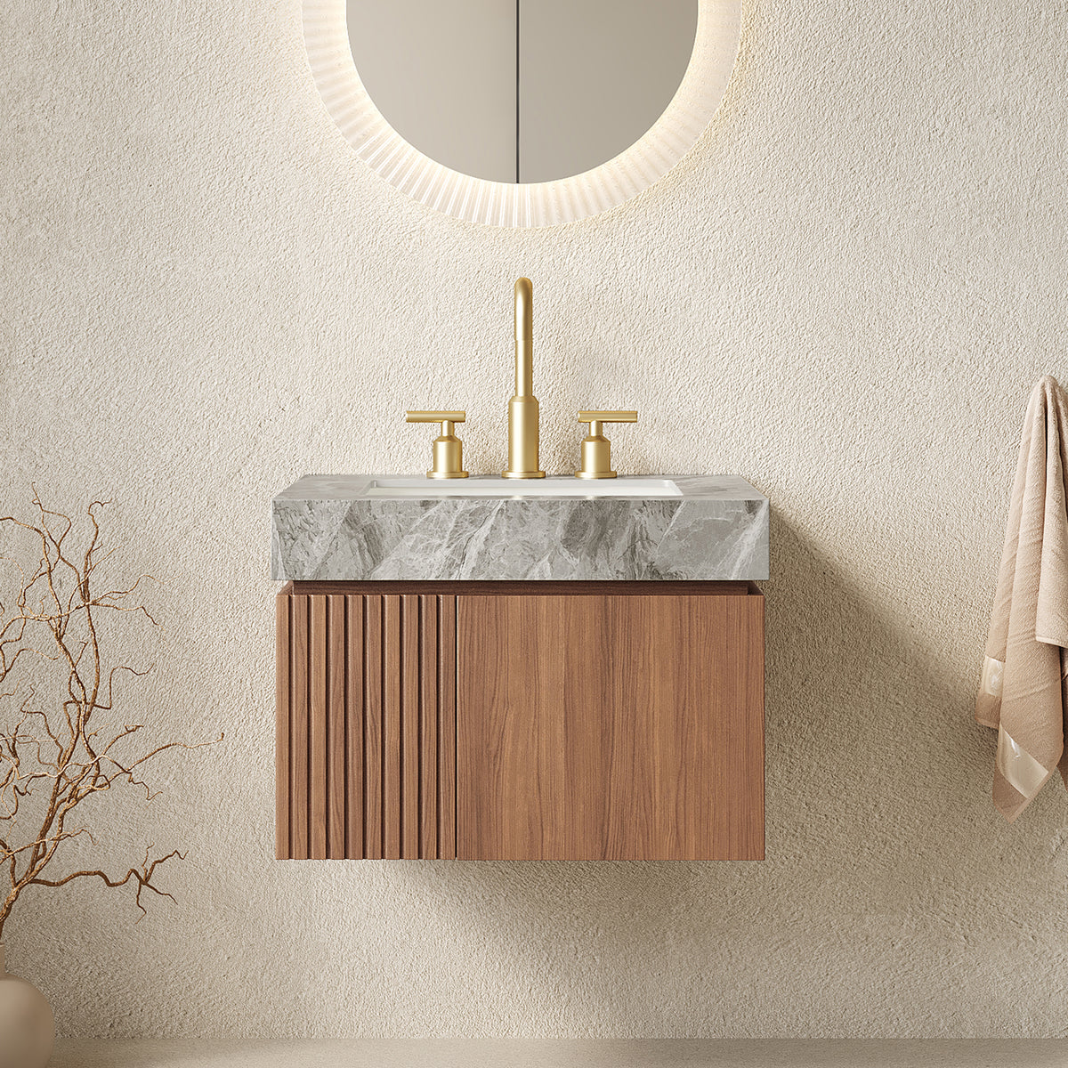 Dexmalle Bathroom Vanity&Sink, Floating Plywood Storage Cabinet with 2 Doors, Light Gray Sintered Stone Top&Ceramic Basin