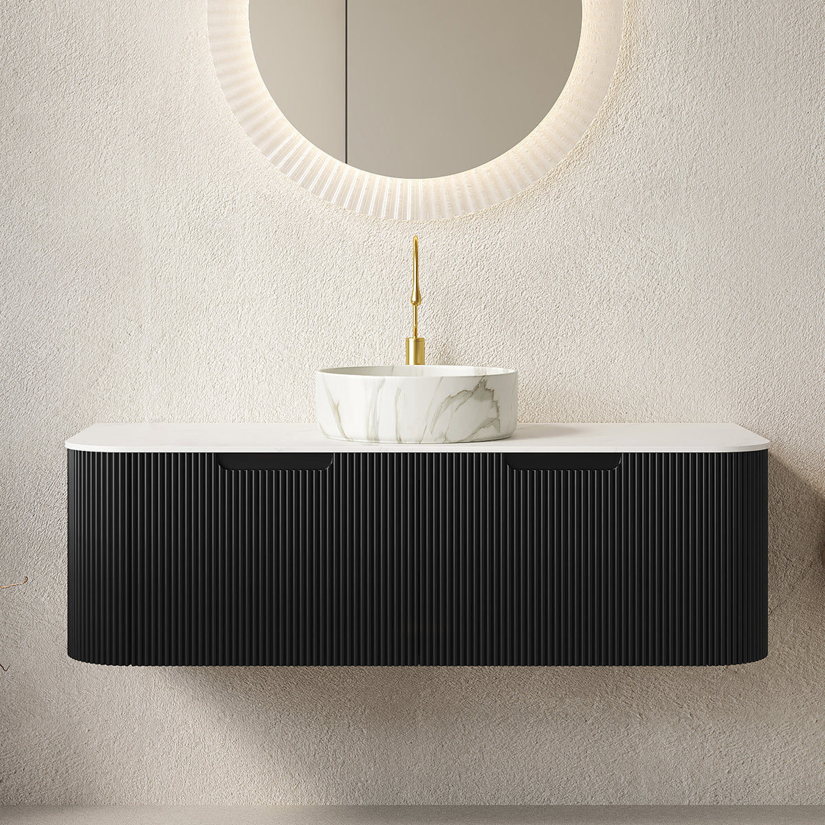 Dexmalle 48" Bathroom Vanity&Sink, Floating Curved Edges Striped Storage Cabinet with 2 Drawers, Matte Stone White Round Ceramic Basin