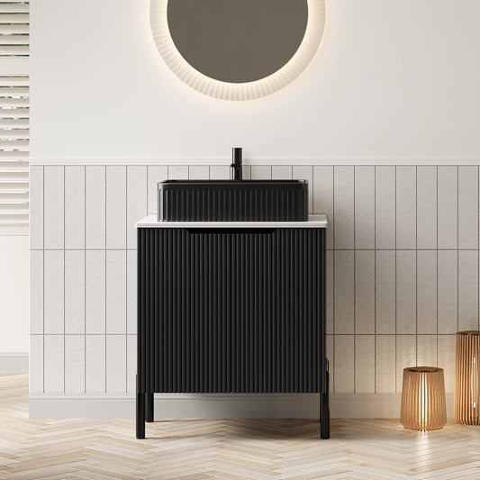 Dexmalle 24" Bathroom Vanity with Sink, Freestanding Bathroom Storage Cabinet with 2 Doors, Black Ceramic Basin