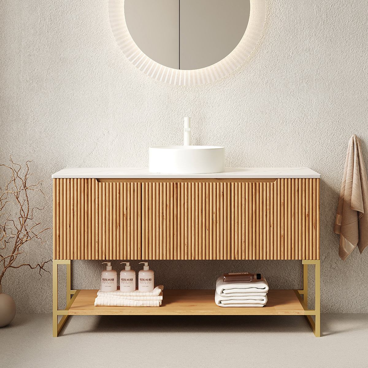 Dexmalle 48" Bathroom Vanity&Sink, Freestanding Storage Cabinet with 3 Doors&Open Shelf