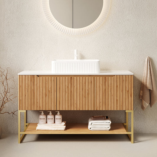Dexmalle 48-in Woodgrain Freestanding Single Sink Bathroom Vanity with Sintered Stone Countertop and Vessel Sink