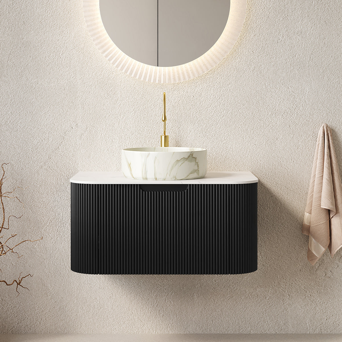 Dexmalle 30" Bathroom Vanity&Sink, Floating Curved Edges Striped Storage Cabinet with Drawer, Matte Stone White Round Ceramic Basin