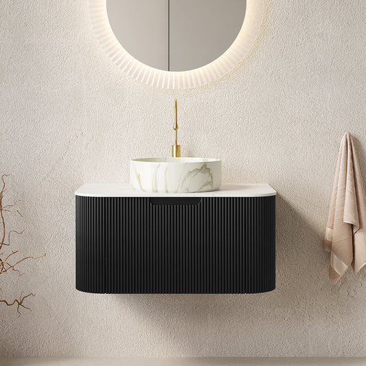 Dexmalle 30" Bathroom Vanity&Sink, Floating Curved Edges Striped Storage Cabinet with Drawer, Matte Stone White Round Ceramic Basin