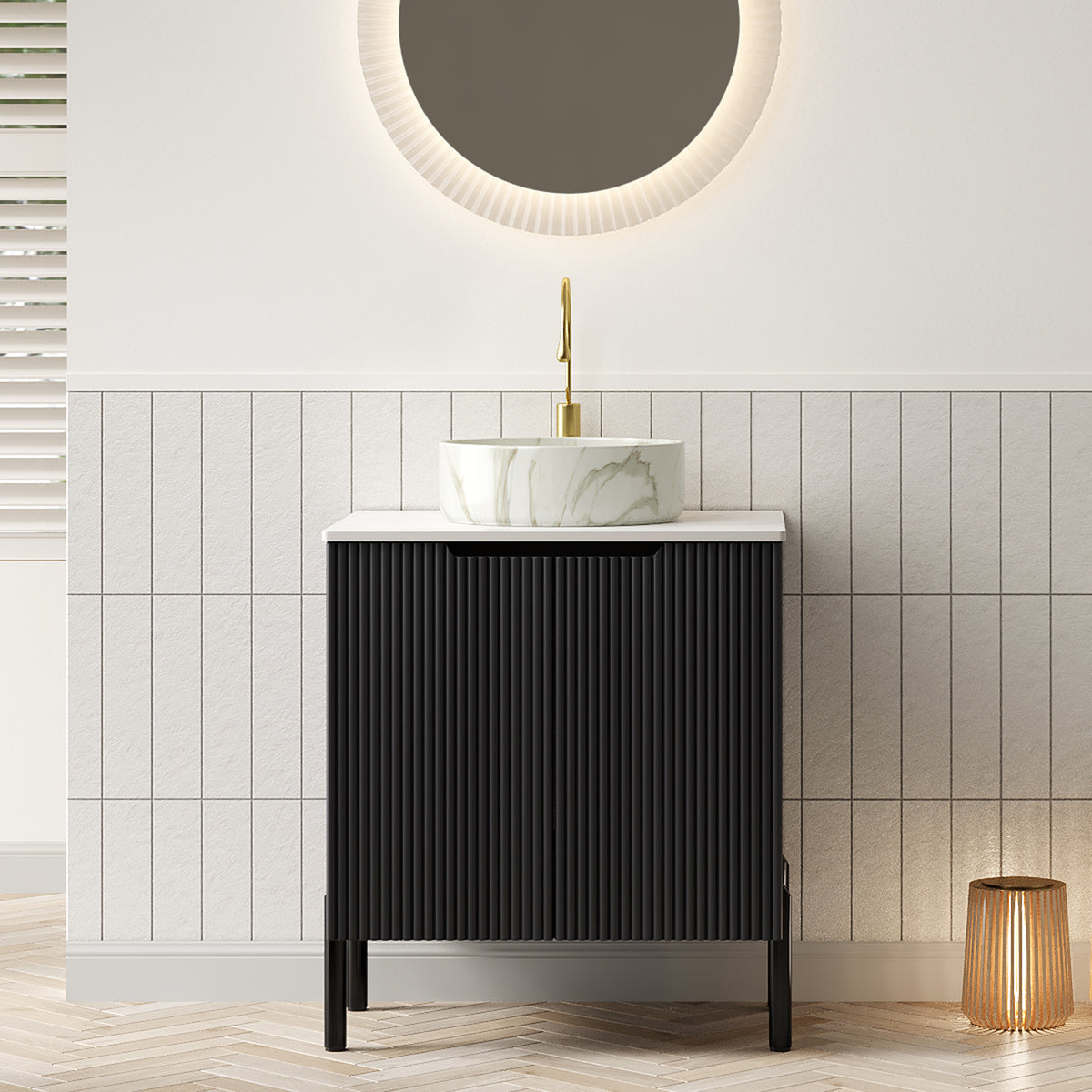 Dexmalle 24" Bathroom Vanity with Sink, Freestanding Bathroom Storage Cabinet with 2 Doors, White Round Ceramic Basin