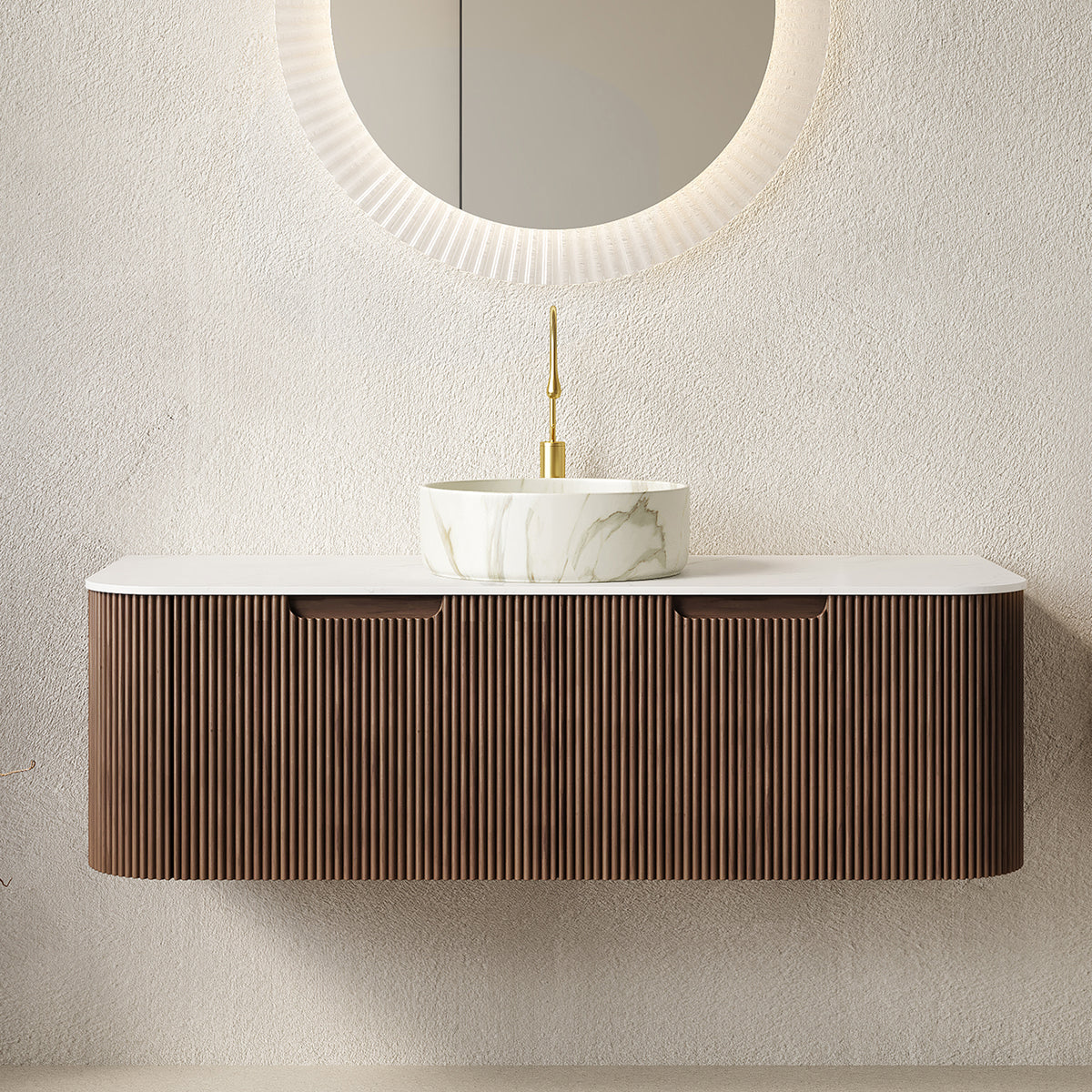Dexmalle 48" Bathroom Vanity&Sink, Floating Curved Edges Stripe Storage Cabinet with 2 Drawers, Stone White Round Ceramic Basin