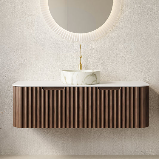 Dexmalle 48" Bathroom Vanity&Sink, Floating Curved Edges Stripe Storage Cabinet with 2 Drawers, Stone White Round Ceramic Basin