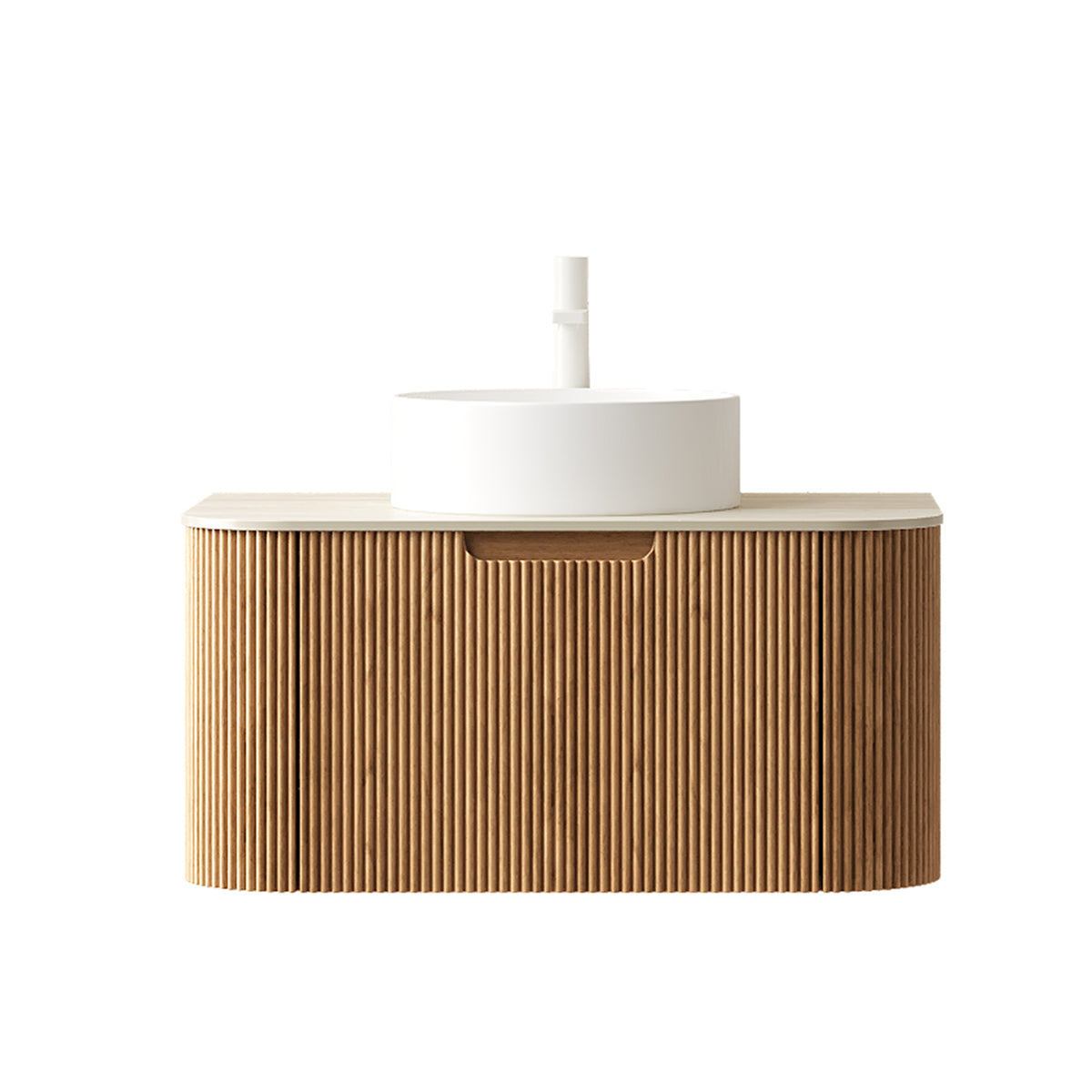 Dexmalle 30" Bathroom Vanity&Sink, Floating Curved Edge Striped Plywood Storage Cabinet with Drawer, White Round Ceramic Basin