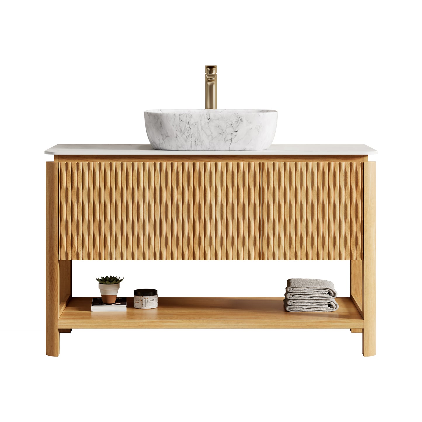 Dexmalle 48-in Natural Freestanding Single Sink Bathroom Vanity with White Sintered Stone Top and Vessel Sink