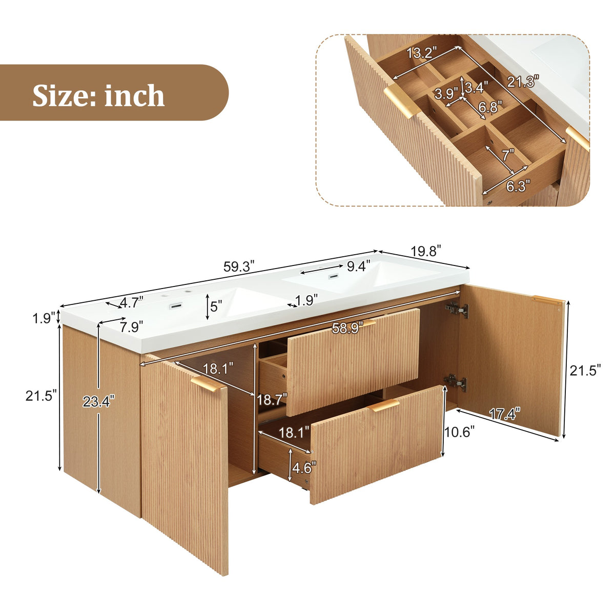 Dexmalle 59.3 Inch Double Sink Bathroom Vanity with SMC Resin Top