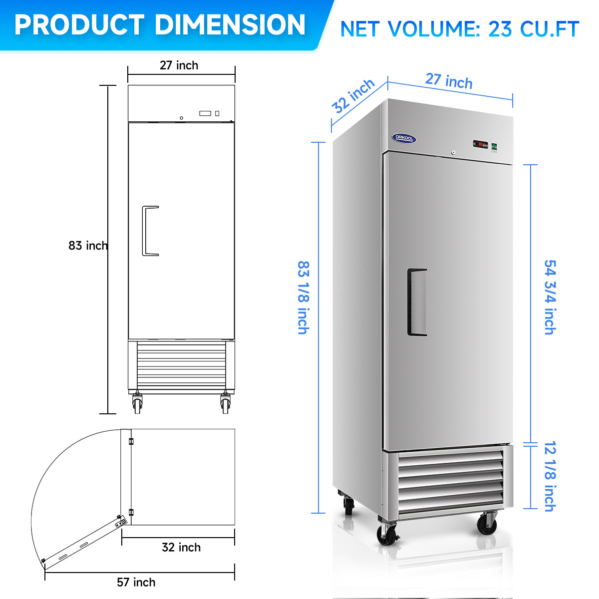 Dexmalle 27" Commercial Refrigerator 23 Cu.ft with 1 Solid Door Reach-In Refrigerators