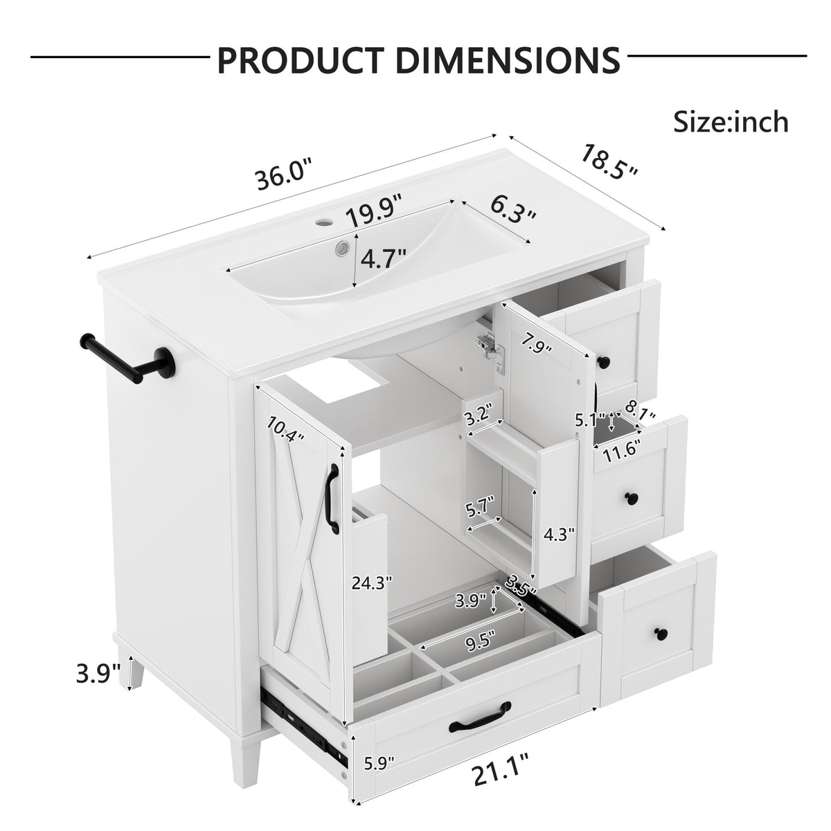 Dexmalle 36 Inch White Bathroom Vanity with Sink