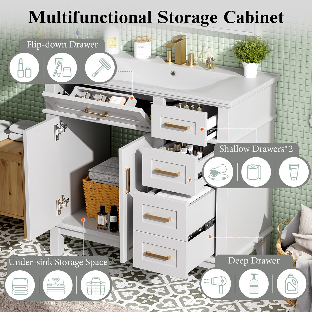 Dexmalle 36" White Modern Bathroom Vanity with Ceramic Sink