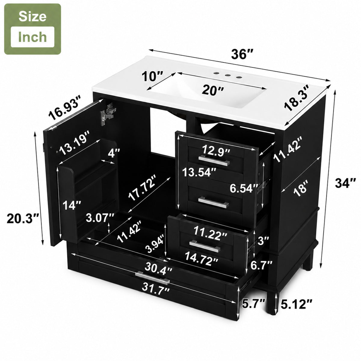 Dexmalle 36" Black Modern Bathroom Cabinet with Sink Combo Set