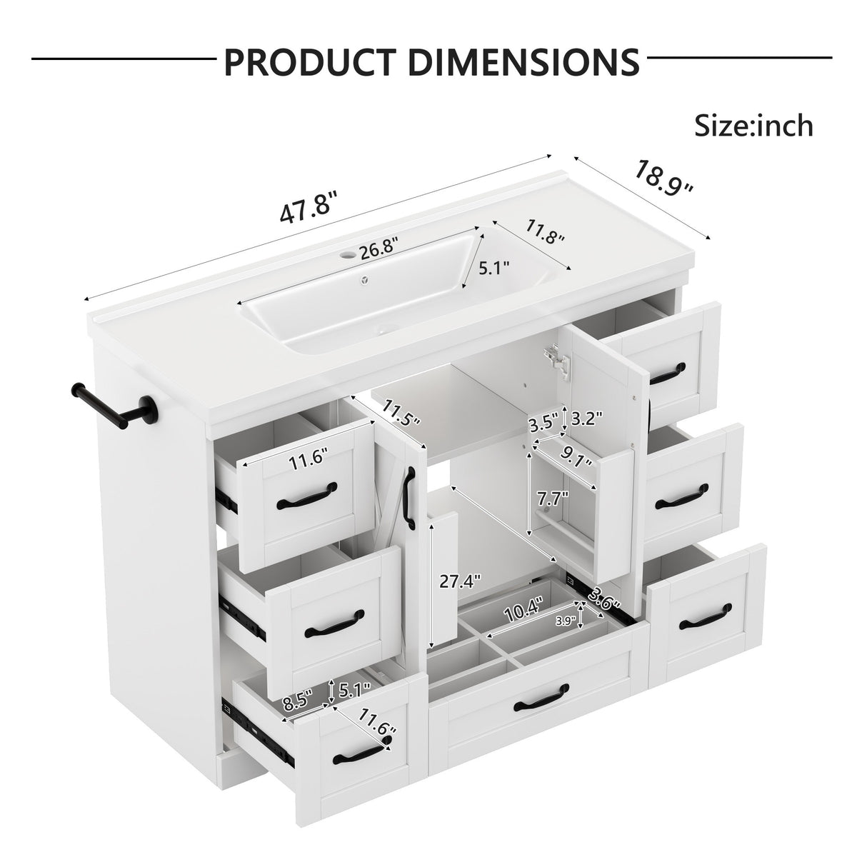 Dexmalle 48 Inch White Bathroom Vanity with Sink