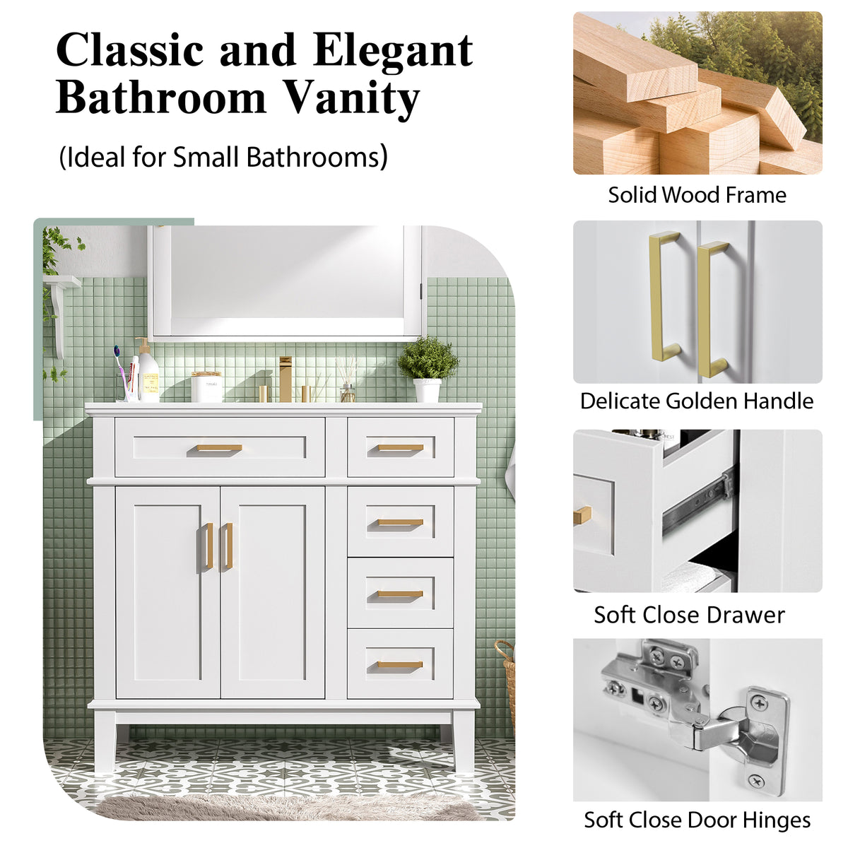 Dexmalle 36" White Modern Bathroom Vanity with Ceramic Sink