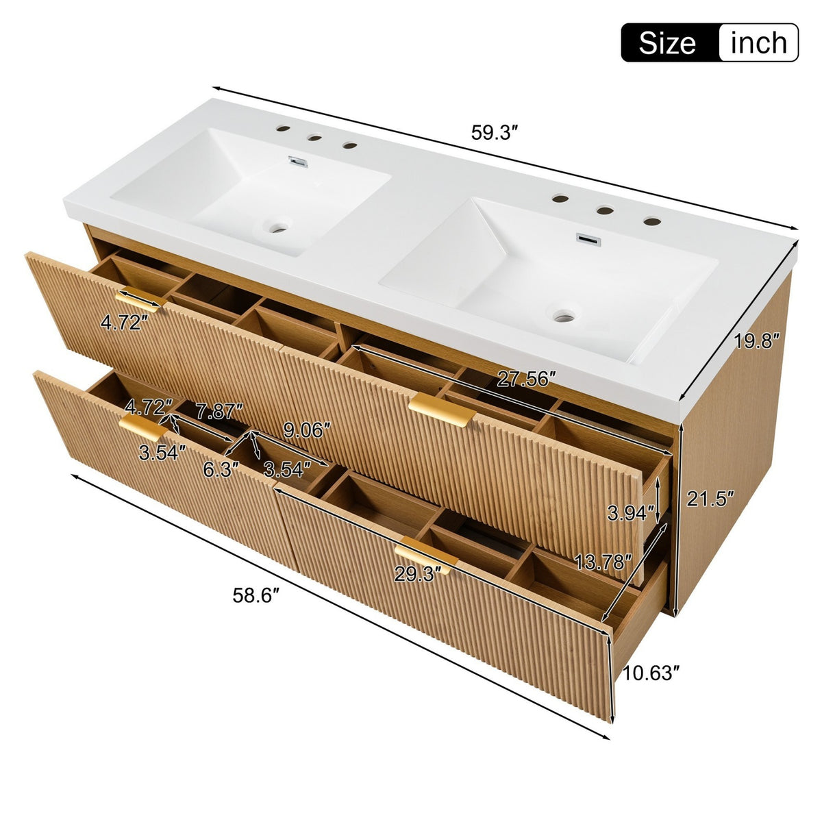 Dexmalle 59.3 Inch Double Sink Bathroom Vanity with SMC Top