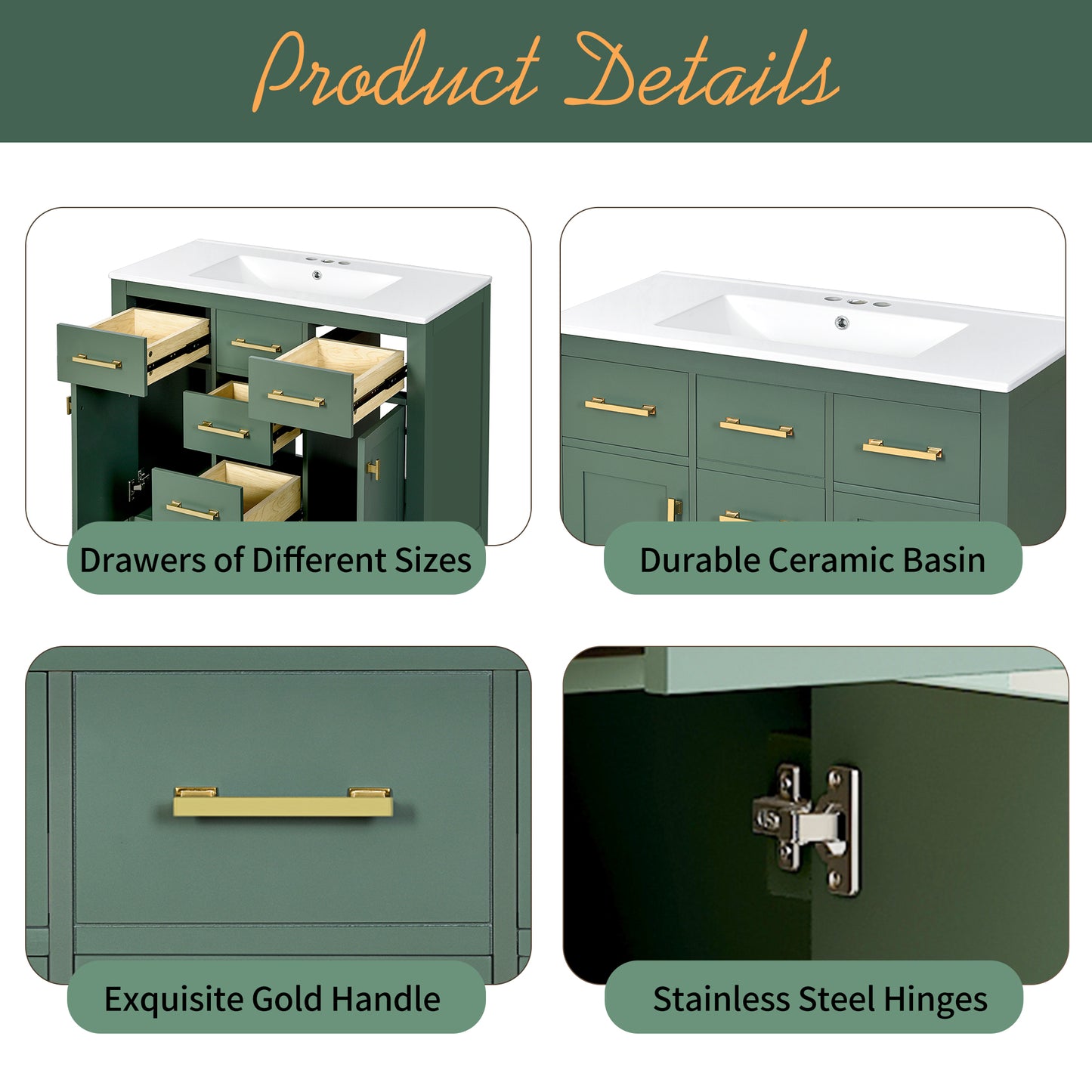 Dexmalle 36-in Green Undermount Single Sink Bathroom Vanity with White Ceramic Top and Four Drawers