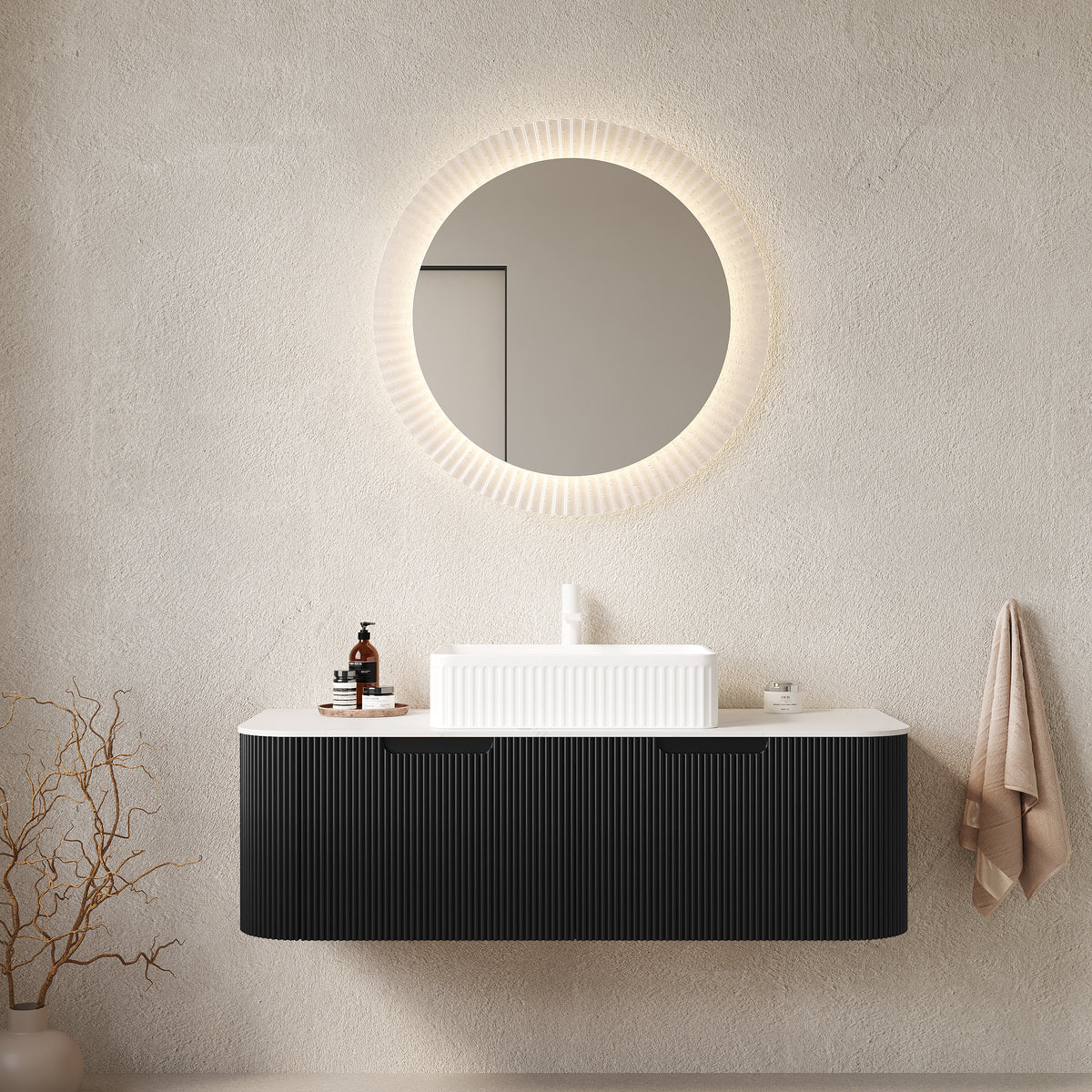 Dexmalle 48" Bathroom Vanity&Sink, Floating Curved Edges Striped Plywood Storage Cabinet with 2 Drawers, White Rectangular Ceramic Basin