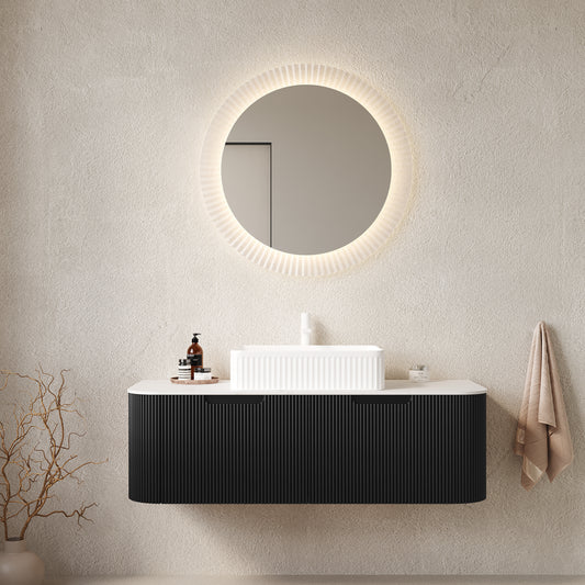 Dexmalle 48" Bathroom Vanity&Sink, Floating Curved Edges Striped Plywood Storage Cabinet with 2 Drawers, White Rectangular Ceramic Basin