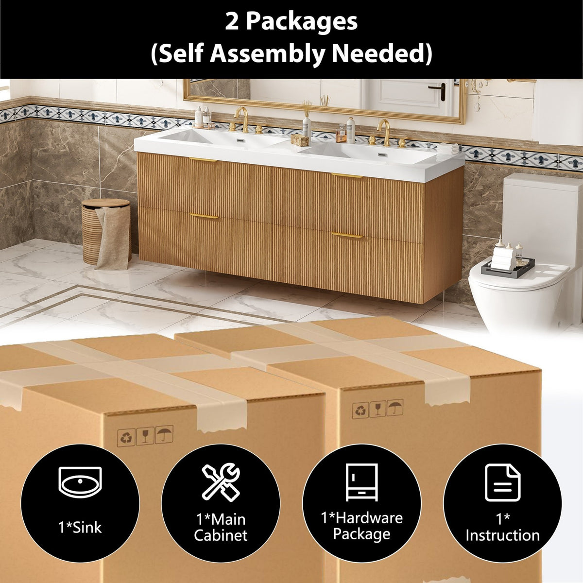 Dexmalle 59.3 Inch Double Sink Bathroom Vanity with SMC Top